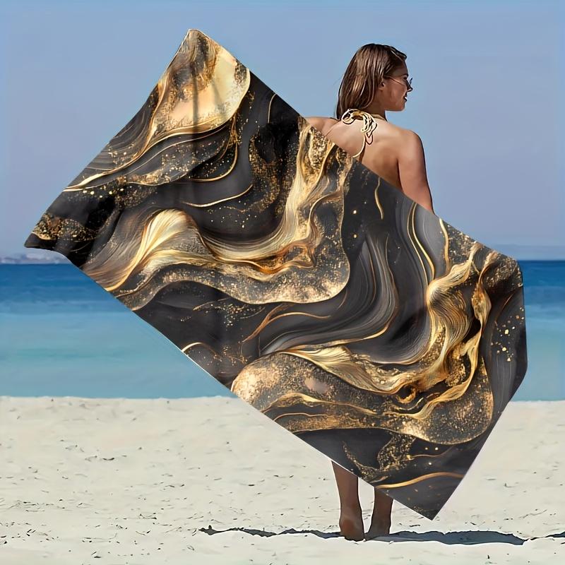 Schwarz-Gold Strandtuch, Abstrakter Fluid-Art Druck, Luxuriöse Marmortextur Schnelltrocknende Mikrofaser, Sandfrei Perfekt für den Sommerurlaub