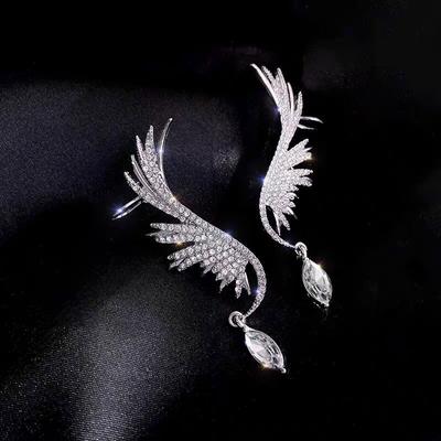 Luxury Crystal Angle Wing Dangle Earrings For Women Korean Ear Cuff Silver Color Gilrs Piercing Earing Fashion Jewerly  New