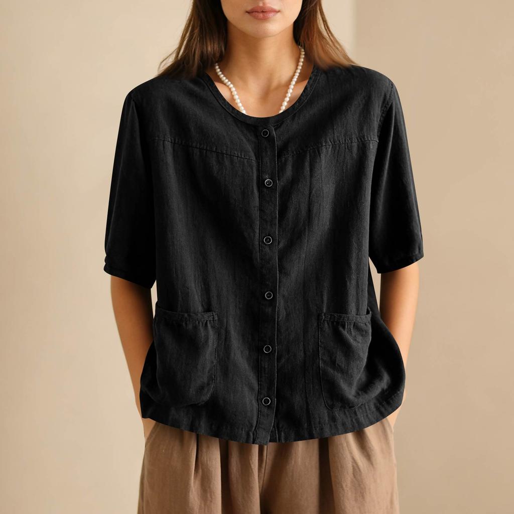 Women's Vintage Oversized Literary Cardigan Cotton-Linen Blend With Pockets Single Breasted Button Up Short Sleeve Top With Elegant Appeal