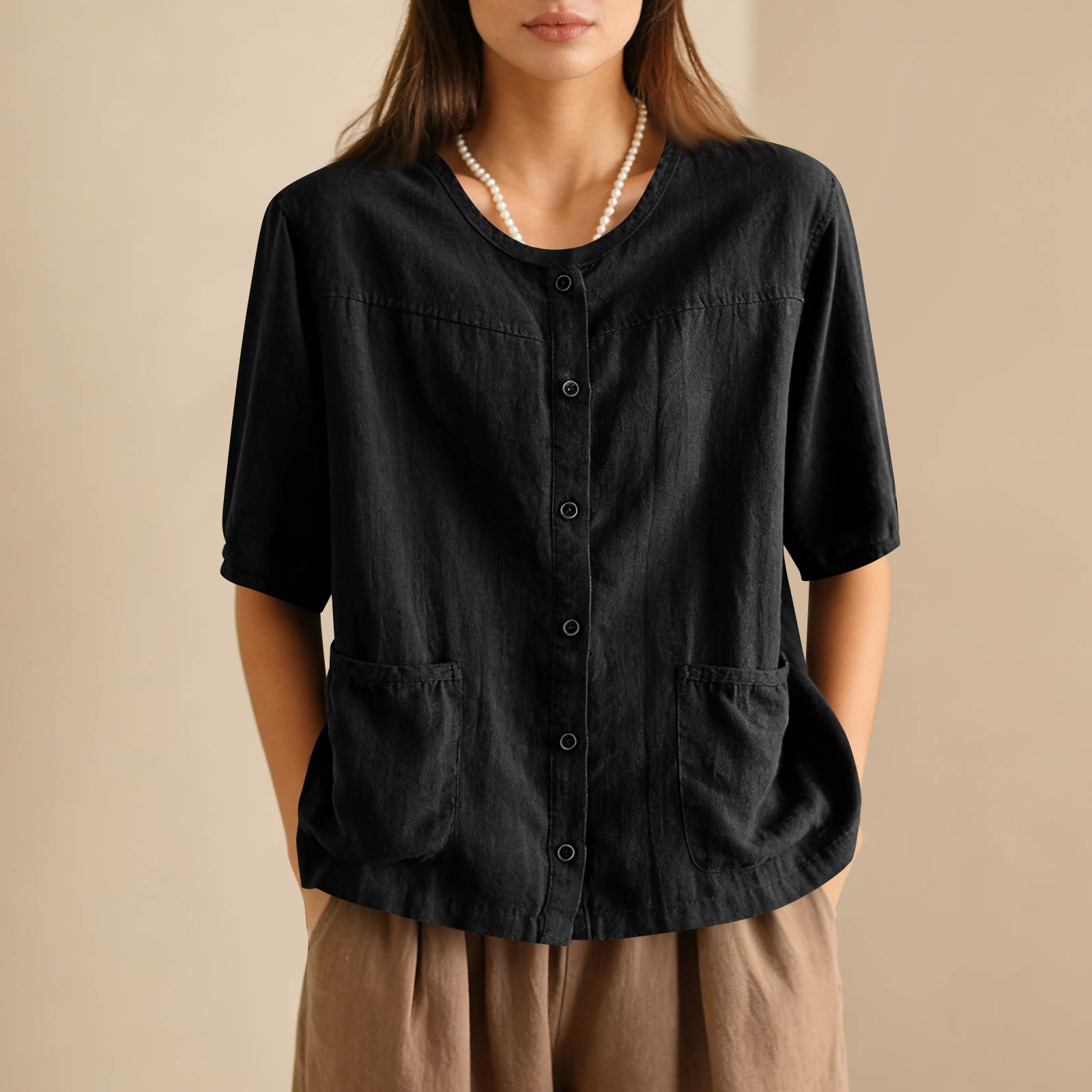 Женский винтажный объемный литературный кардиган из смесовой хлопково-льняной ткани с карманами, однобортный, на пуговицах, с коротким рукавом, элегантный L чёрный