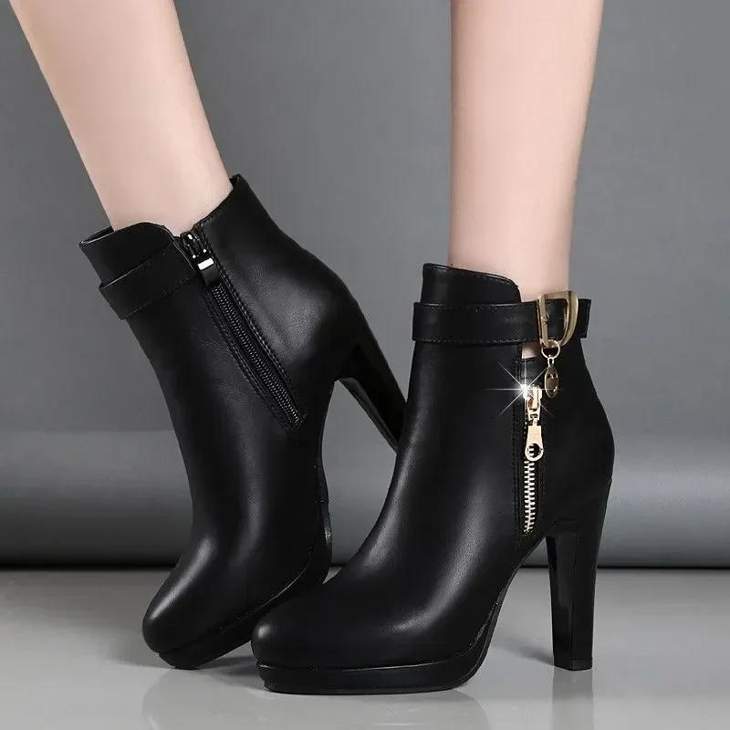 Winter Round Head Leather Belt Buckle Thick Bottom Waterproof Platform High Heel Bare Boots Women Comfortable Women's Boots