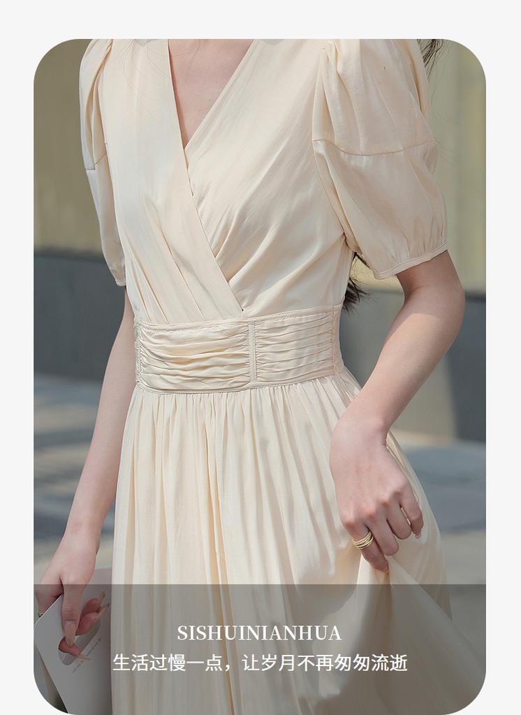 French V-neck Dress for Women, Super Beautiful, Waist Cinching and Slimming Short Sleeved Long Skirt