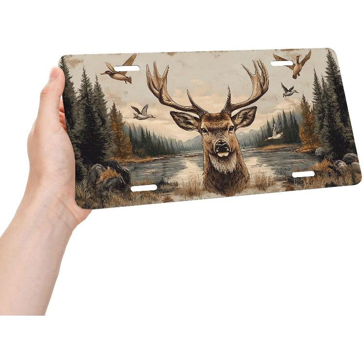 Deer Front License Plate for Women Buck Antlers Wilderness Lake Hunting Car Vanity Plates Decorative Aluminum Metal Cute Novelty License Plate 6x12