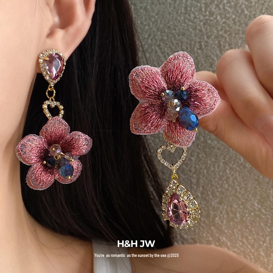 Silver Needle Diamond Asymmetrical Flower Water Drop Earrings Light Luxury Premium Earrings Mori Sweet Retro Elegant Earrings