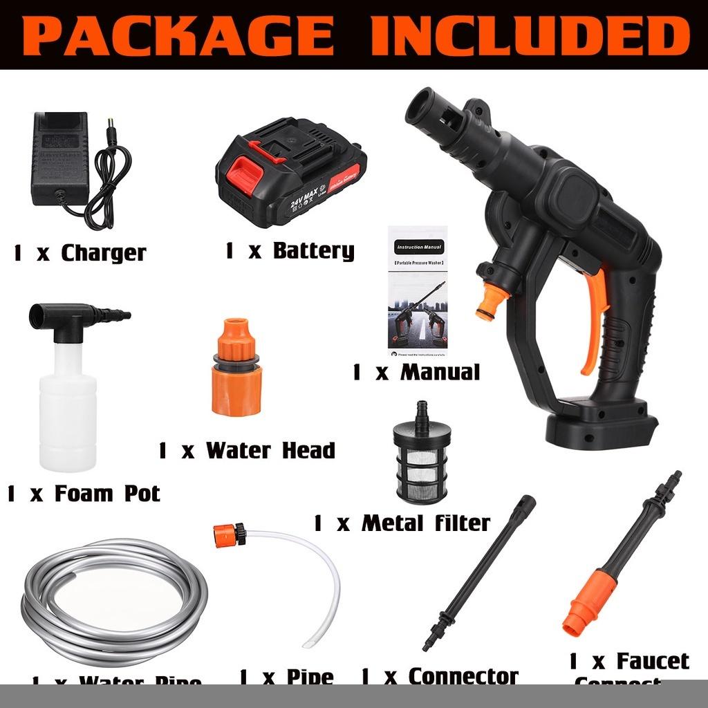 1000W 24V Cordless Car Washer Cleaner Portable Handheld Car Wash Water Gun High Pressure Washer Foam Generator 1*Battery