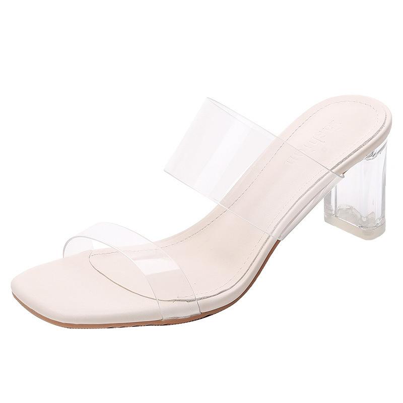 High Heels Sandals Women's Summer New Fashion Transparent Middle Heel Crystal Shoes Fashion Thick Heel Outer Slippers