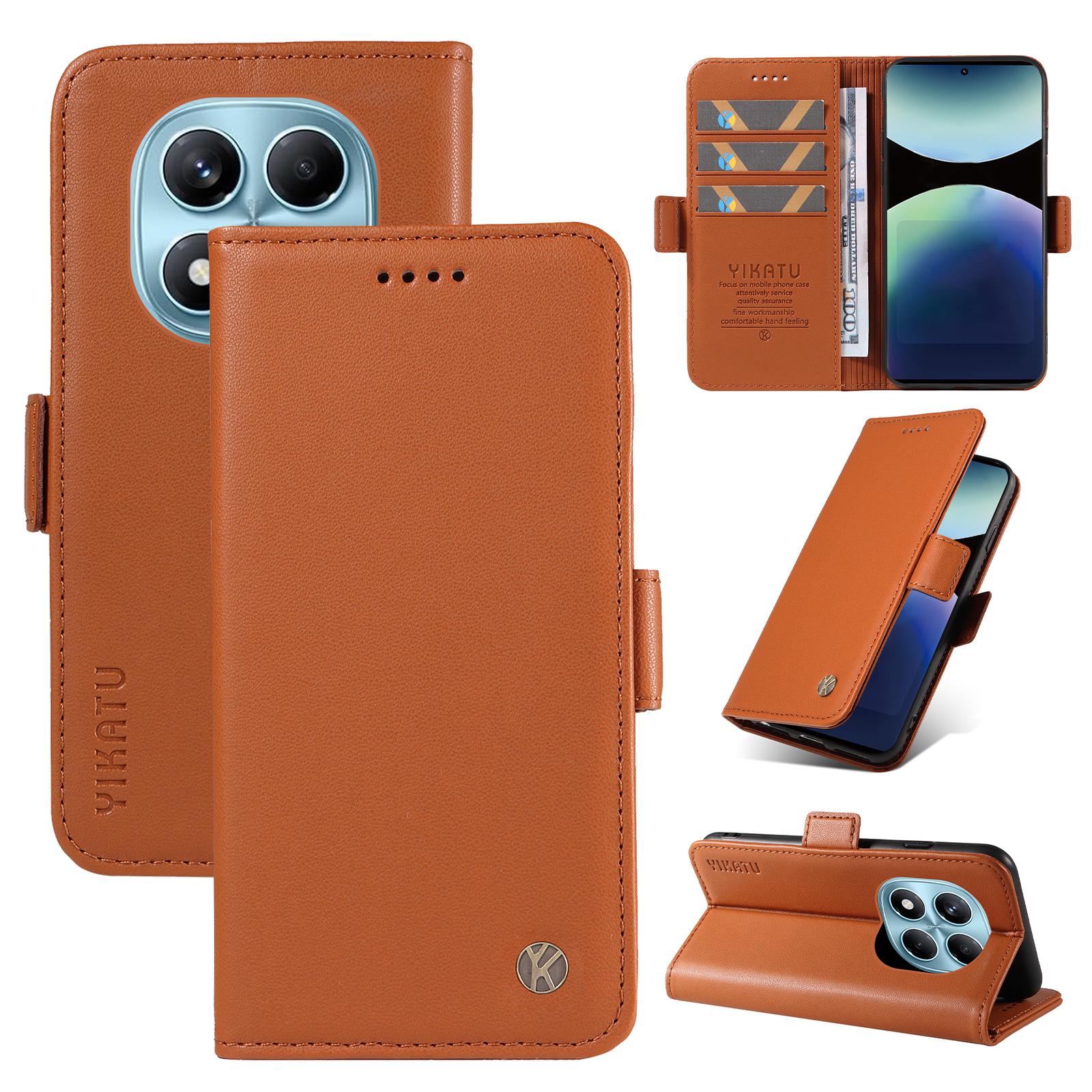 

For Xiaomi Redmi Note 14 Pro 4G Wallet Phone Case YIKATU YK-003 Leather Stand Cover Brown