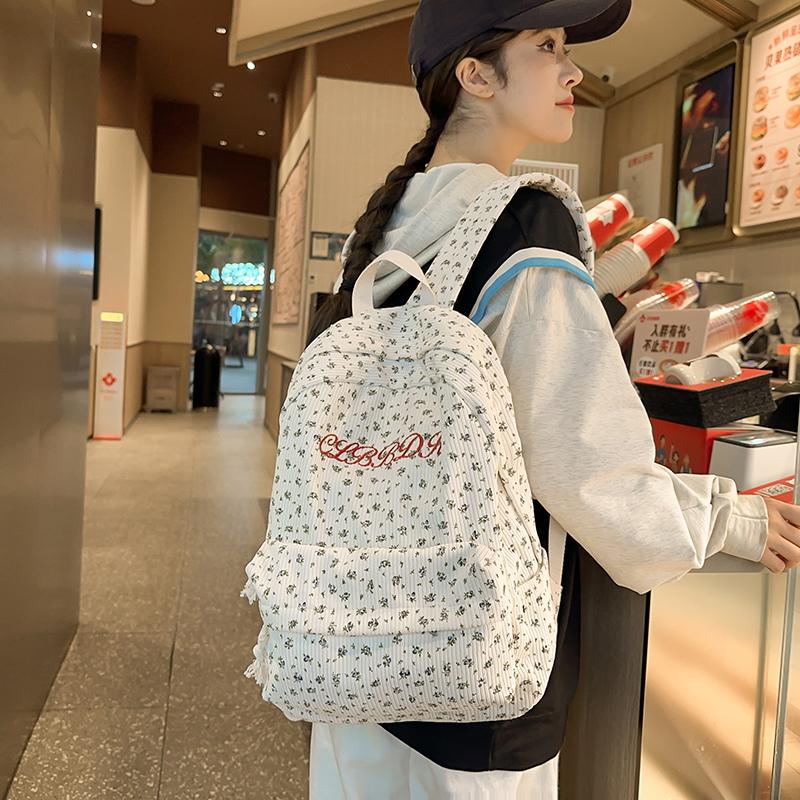 Women's Floral Print Backpack Corduroy Student School Bag Campus Large Capacity Backpack