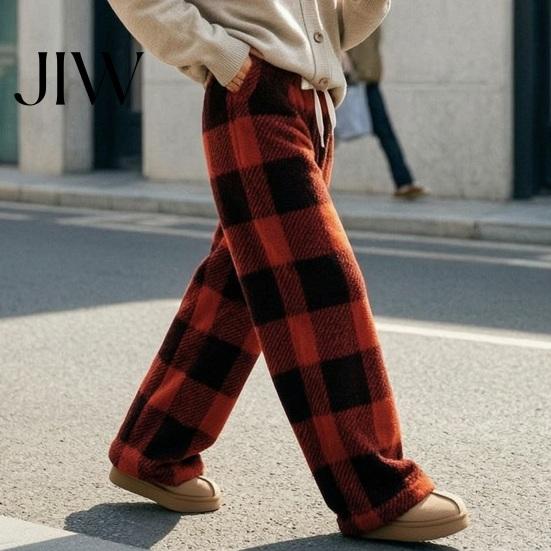 Soft Fluffy Home Pants Women Plaid Wide Leg Pants, Drawstring High Waist Thick Coral Fleece Retro Warm Loungewear, Anti-Pilling Casual Pajama Bottoms