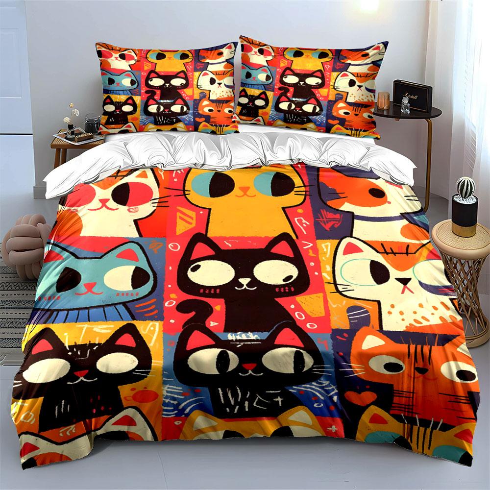 Colorful Cartoon Cat Faces. Bedding Sets Duvet Cover Sets Duvet Covers Pillowcases(1 * Duvet Cover 2 * Pillowcases Without Duvet Insert)