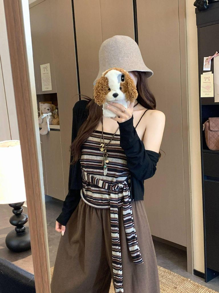 Autumn 2025 Spicy Girl Striped Tie-Up Strapless Shawl Jacket