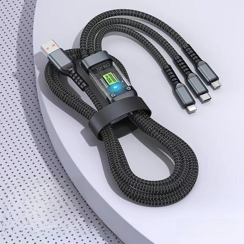 100W Transparent 3-in-1 Super Fast Charging Cable with Light for Huawei, Apple, and Android