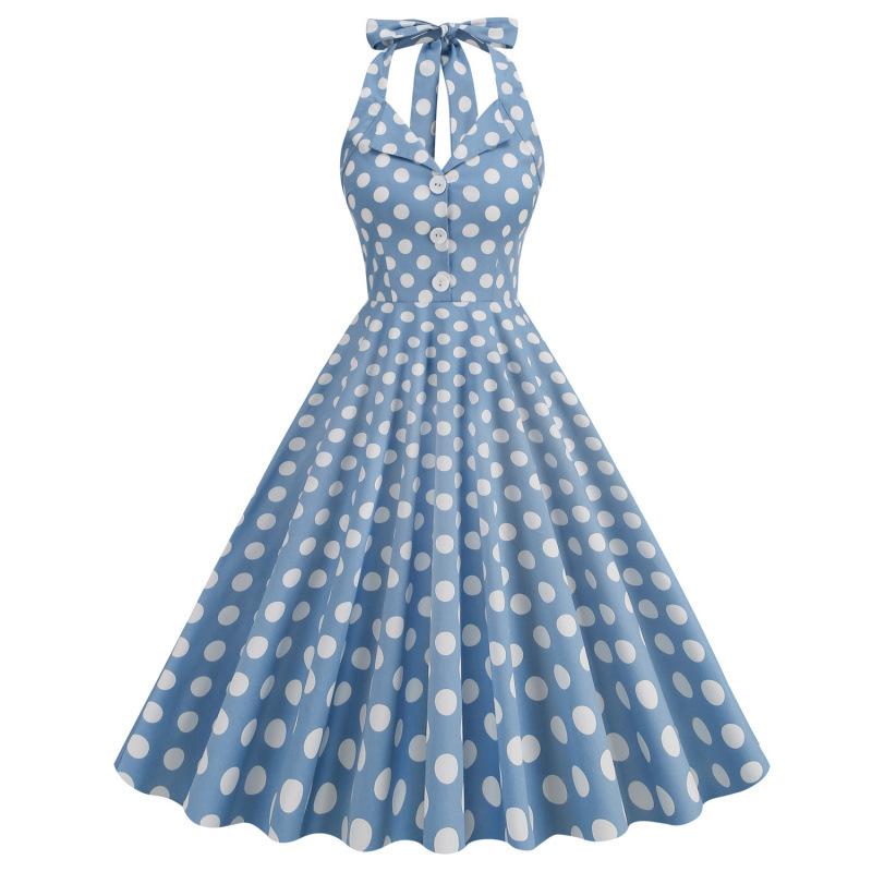 Hepburn lapel women's clothing polka dot neck backless medium long pendulum, retro dress