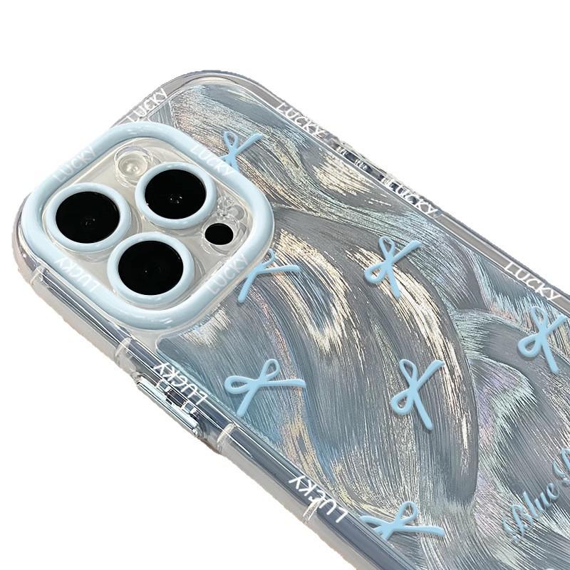 Feather puff Apple 17promax mobile phone case Korean sweet wind blue bow all-inclusive drop-resistant case