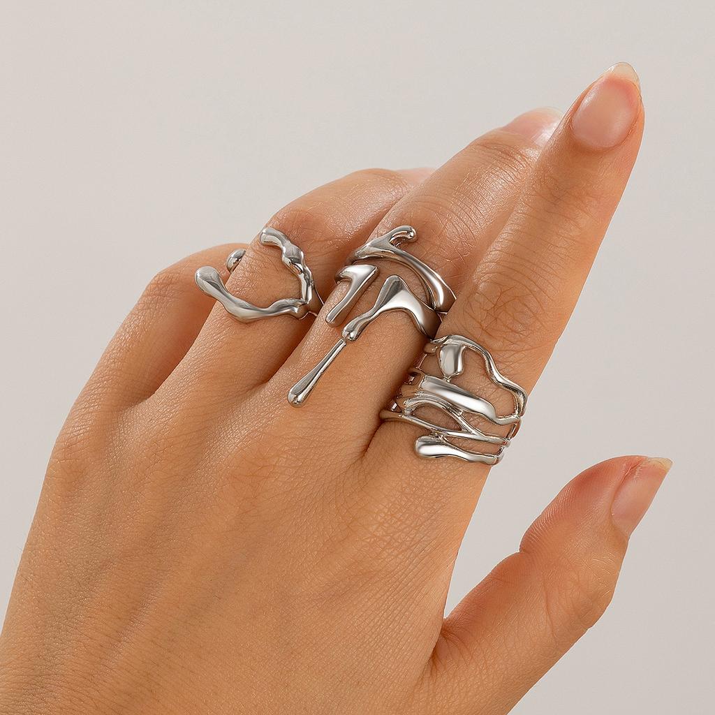 European and American Design Sense Liquid Lava Open Ring Set Women's Irregular Smooth Hollow Ring Rings