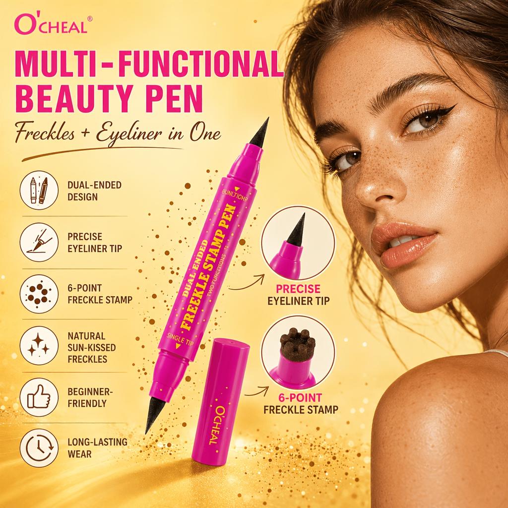 Double Headed Freckle Stamp Eyeliner Pen, Long Lasting, Waterproof and Sweat Resistant. Can Create Cute and Playful Summer Makeup Look.