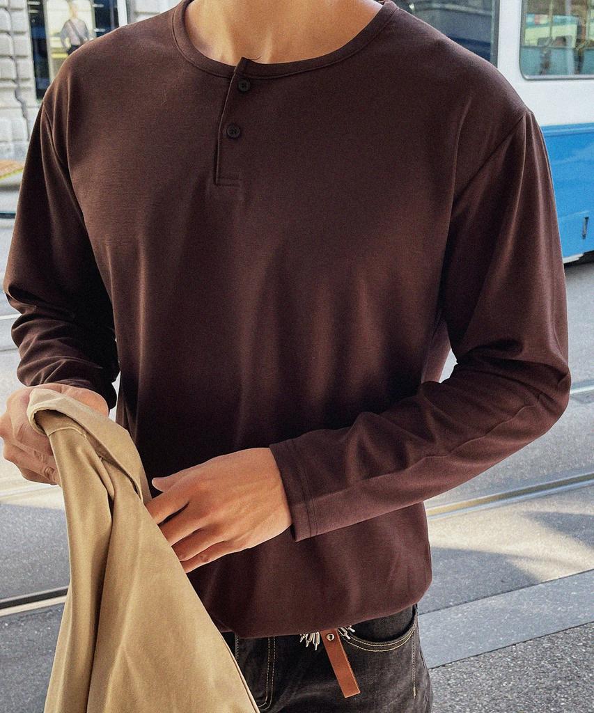 BYMONO [Plus Sizes M-8Xl] Snug-Eye-Cut Tee Henley Neck Automatic Tuck-In Drop Long Sleeve Tee