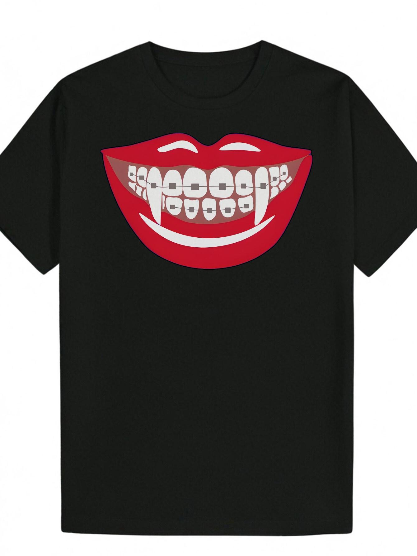 Casual Polyester T-shirt with Bold Red Lips Graphic - Summer Crew Neck XXXXL