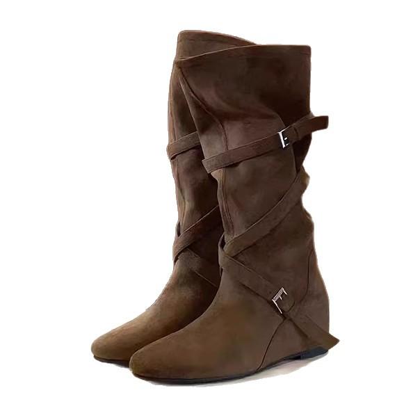 Inner Heightening Boots Women's 2025 New Autumn Retro Versatile Stacking Boots Belt Buckle Slim Tall Knight Boots