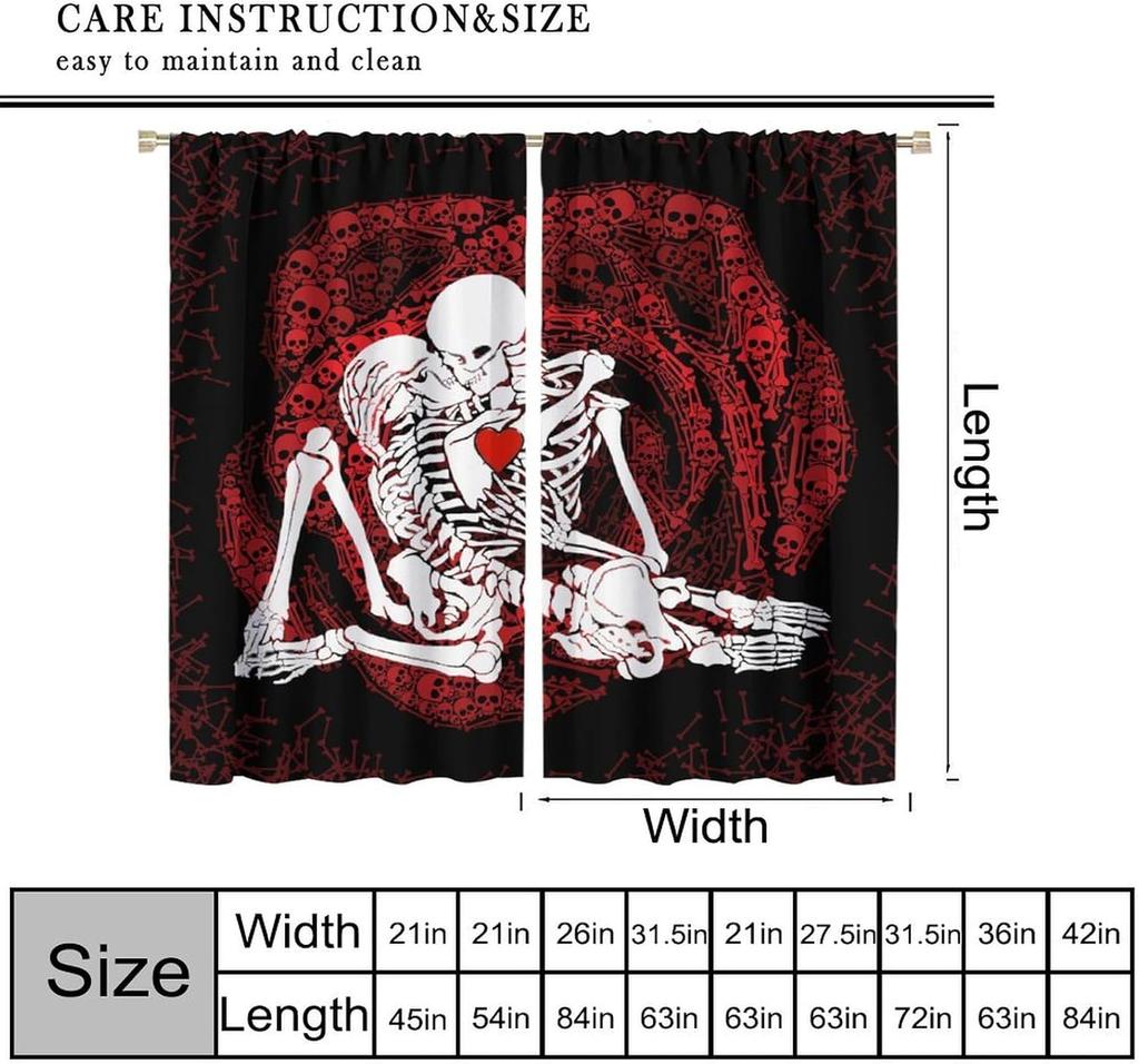 Gotische Rose Skelett Vorhänge Romantisch Schwarz Rot Abstrakt Knochen Floral Küssend Menschliches Schädel Heimdekoration Vorhänge Vorhang Vintage Polyester Mit Stangentasche
