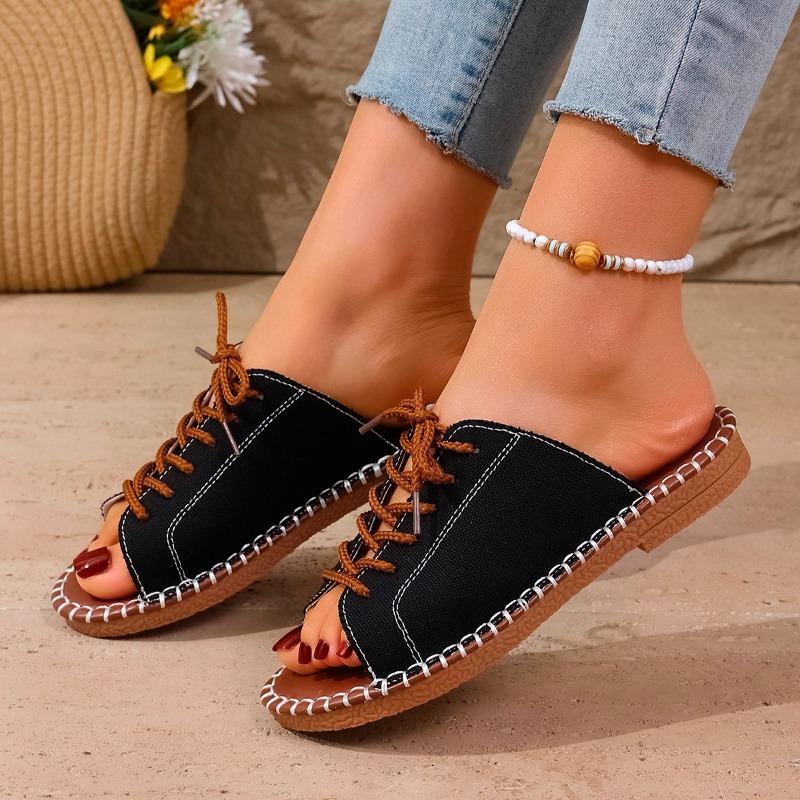 2025 Summer New Women's Open Toe Slippers Hot Sale Front Lace-up Low Heel Sandals Plus Size High Quality Outdoor Casual Slippers