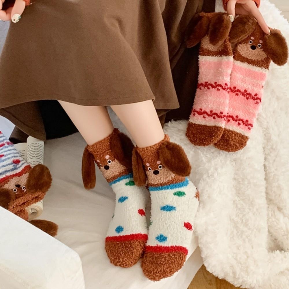 Calzini in pile corallo con orecchie da cucciolo a righe dolci Calzini in velluto ispessiti a pois cane Calzini morbidi caldi per pavimenti Donna
