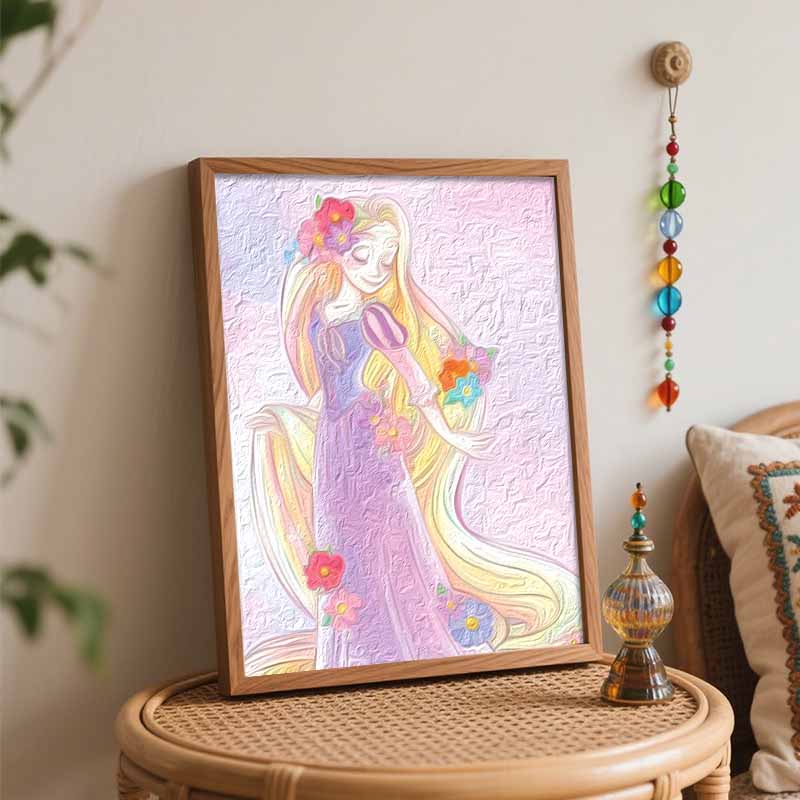Disney Oil Painting DIY Digital Painting HandPainted Rapunzel with Floral Accents Wall Art for Living Room and Entryway.