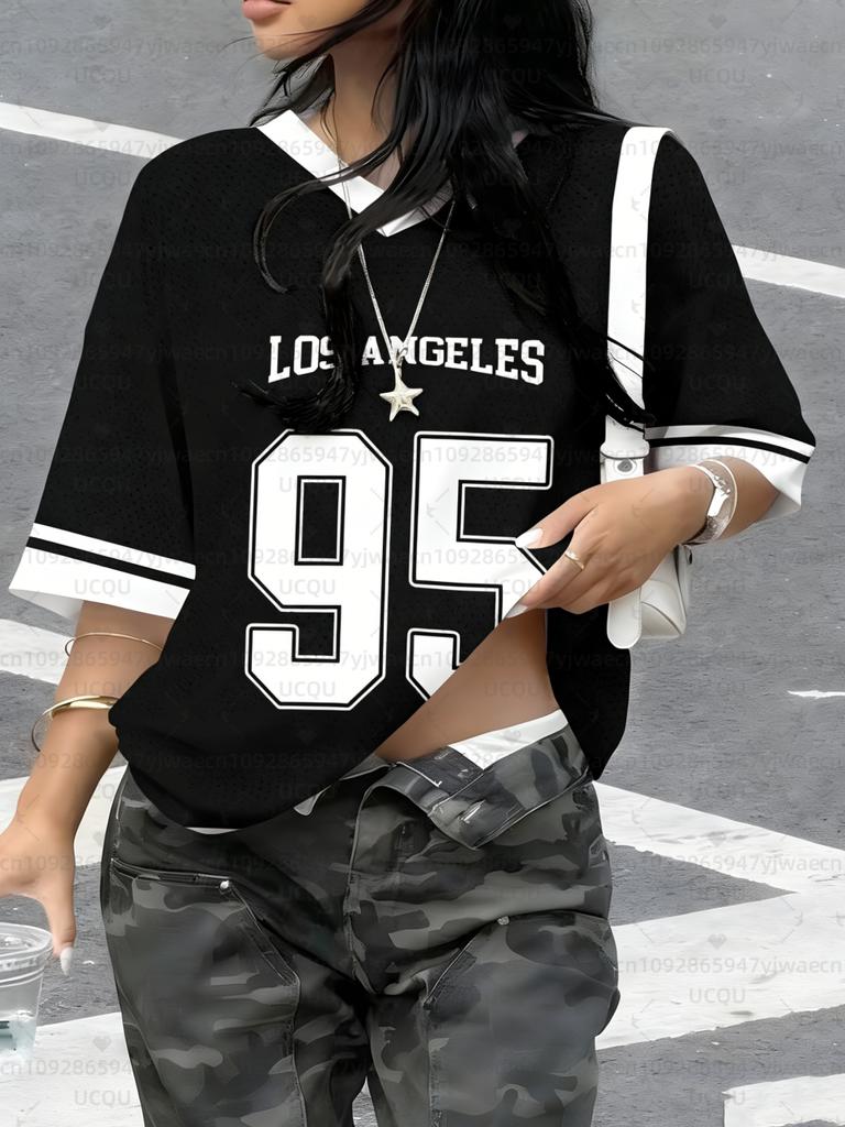 Women's Los Angeles NO.95 Print V-Neck Short Sleeve T-Shirt Summer Graphic Tee Hole Mesh Jerseys Plus Size Sport T-Shirt