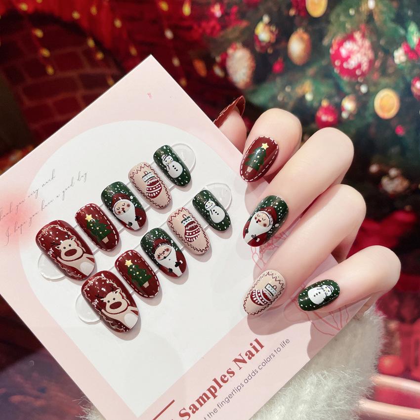 Santa Claus Elk Snowman Cartoon Print Fake Nails for Christmas Party 24pcs Wearable Press On Nail Patch Artificial Wear Nails