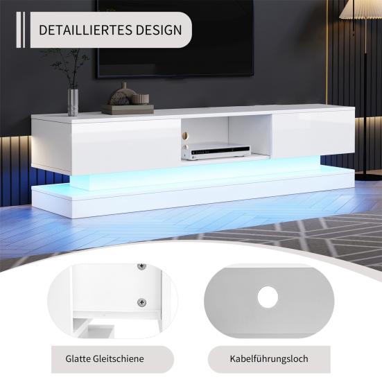 TV Media Cabinet, White High-Gloss TV Cabinet with LED Light, 2 Drawers, App Control, Anti-Tilt Design, for 60-Inch TV