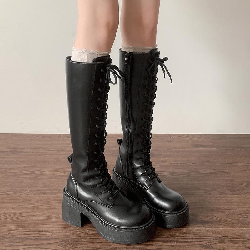 Модный зимний дизайн Платформа Квадратные каблуки Женские ботфорты до колена Уличный стиль Увеличение роста Стройнящие женские ботильоны в рыцарском стиле