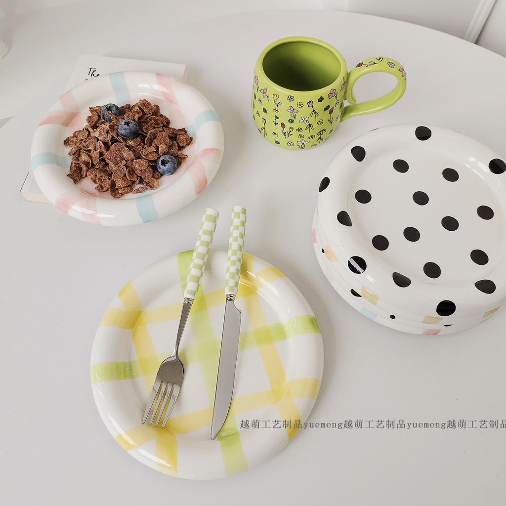 INS Wind High Beauty Stripe Wave Dot Under Glaze Ceramic Plate Dudu Dessert Plate Korean Breakfast Set VLOG Plate Dinner Set