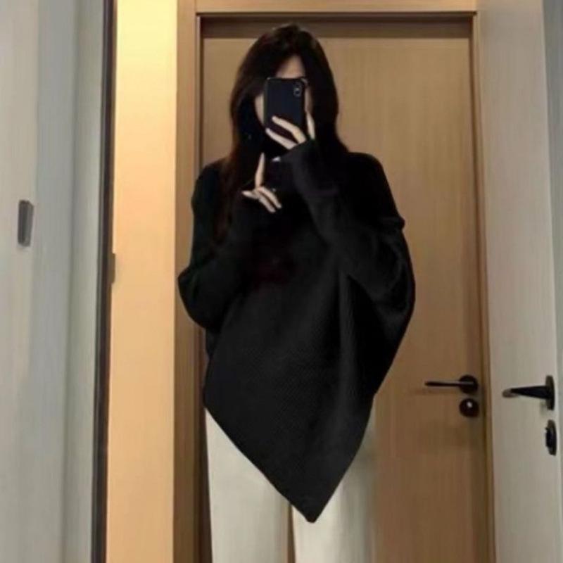 

Женский свитер-пуловер с высоким воротом и асимметричным кроем 2024 года — корейский нежный стиль Black [Premium Quality]