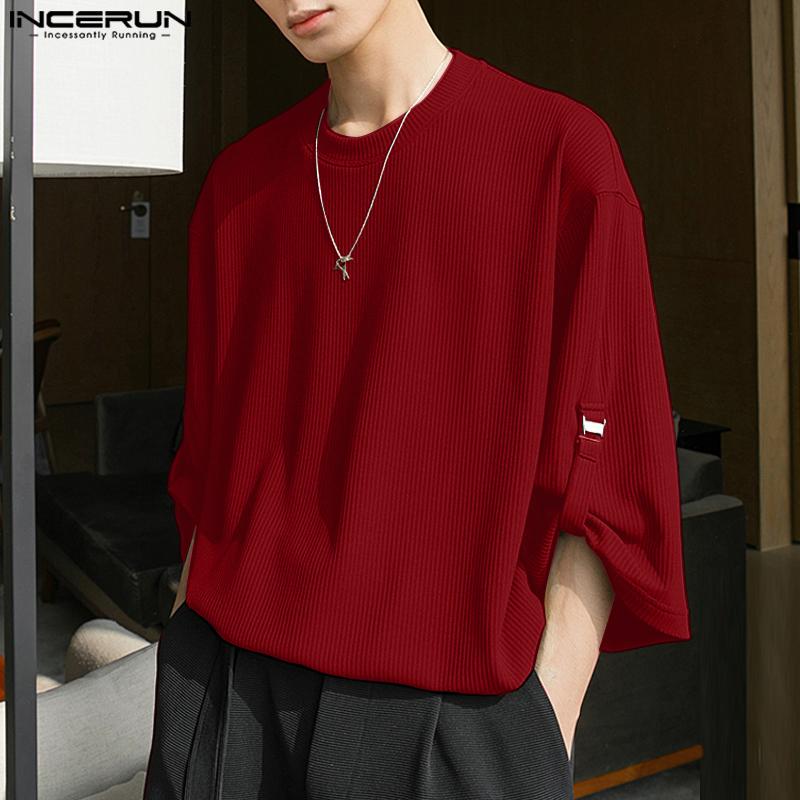 INCERUN Oversized Men Round Neck 3/4 Sleeve Rib Casual Loose T-Shirts Tops
