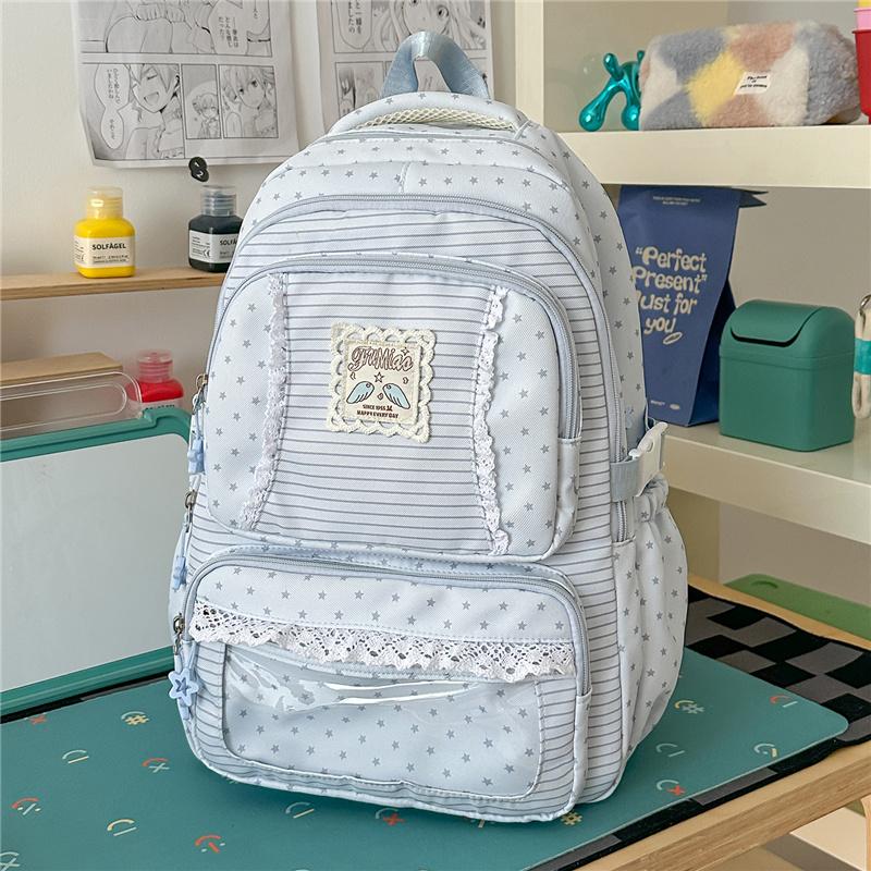 Mochila con Adorno de Encaje Rayas Estrelladas con Ventana Frontal Transparente y Múltiples Bolsillos Gran Capacidad Mochila Escolar Diaria para Adolescentes Estudiantes Viajes Diarios