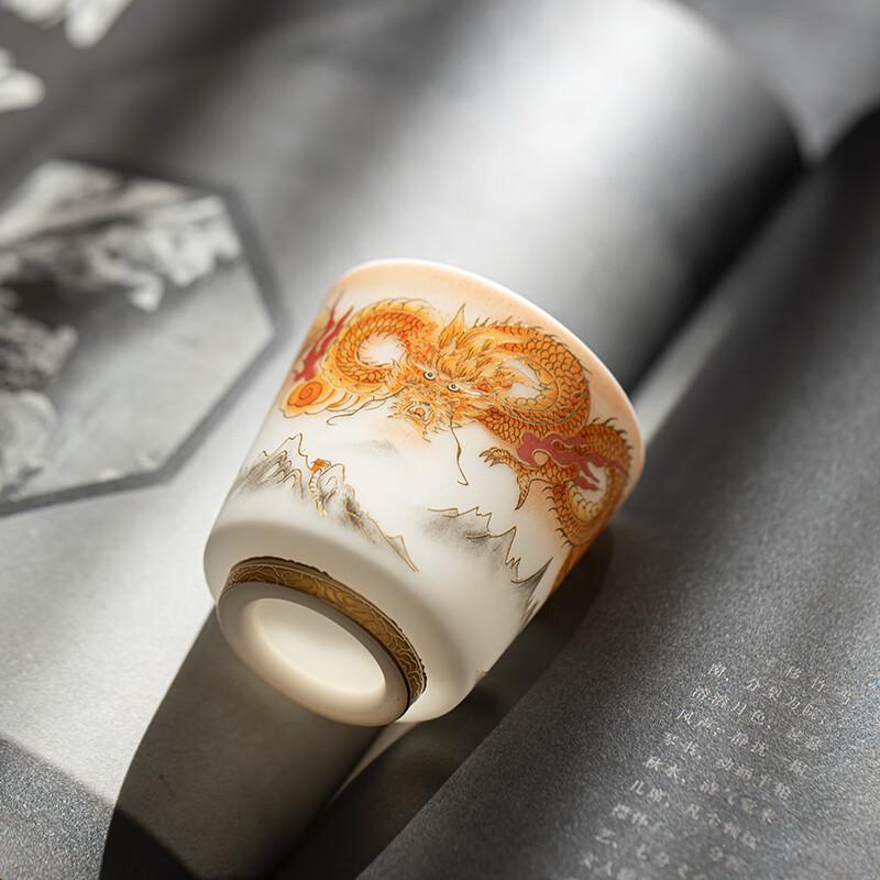 Wang Wenke Master's Dragon Mutton-fat Jade Porcelain Teacup