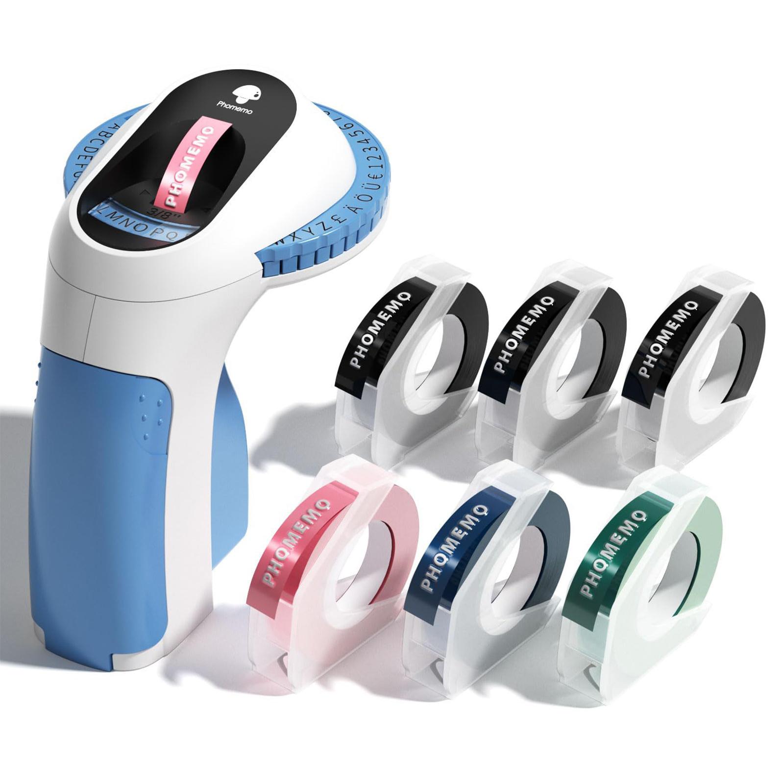PHOMEMO E975 Embossing Label Maker Handheld Embossed Label Machine with 6 Rolls Of Tapes A