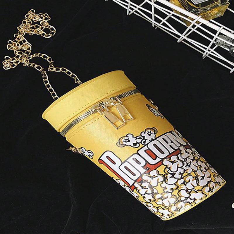 Popcorn Design Bucket Bag, Chain Crossbody Bag, Creative Cylinder Purse For Women, PU Leather Textured Bag Purse, Fancy Fashion Shoulder Bag