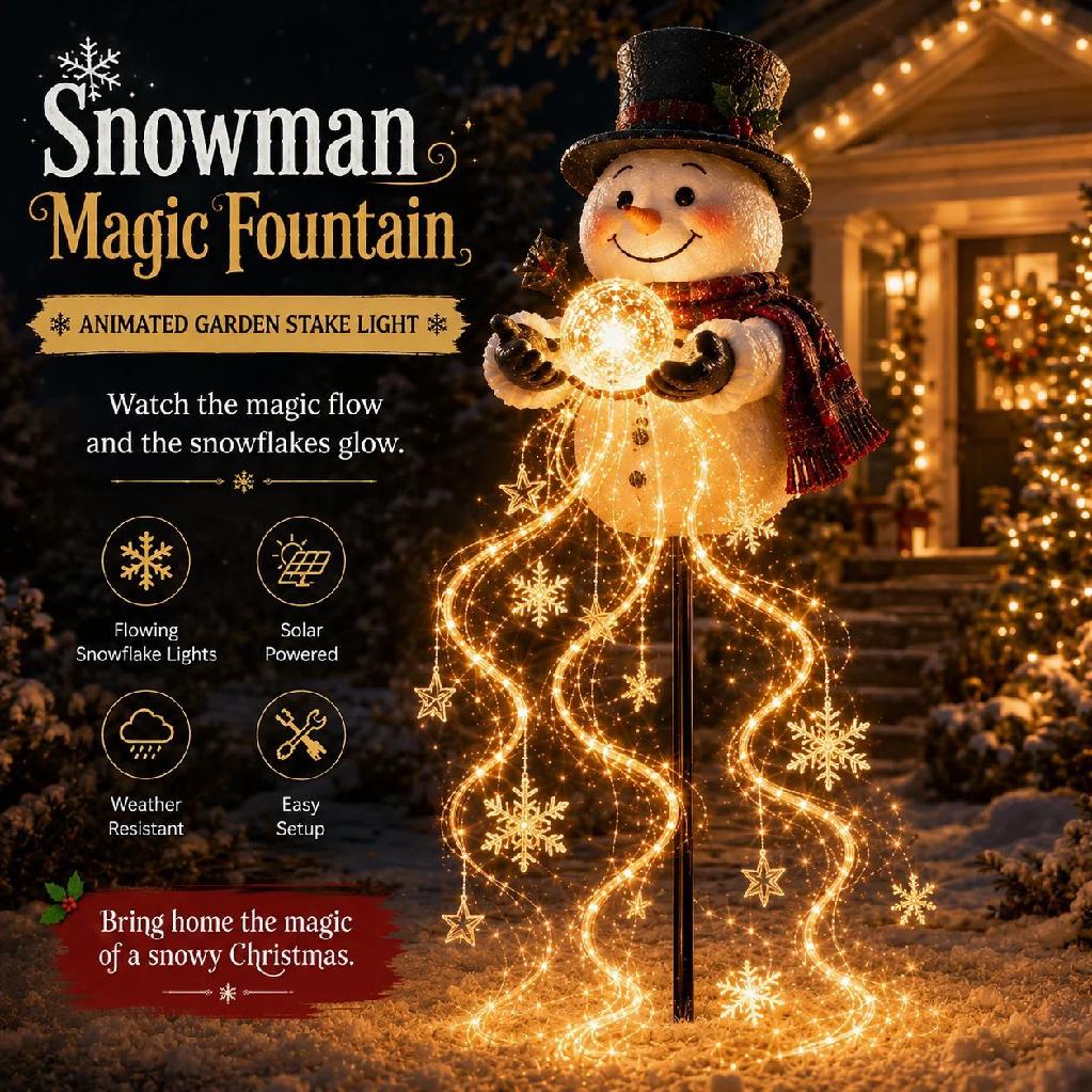 Christmas magic snowman with floating snowflake LED garden lights, snowman magic fountain star waterfall, patio ambiance lights