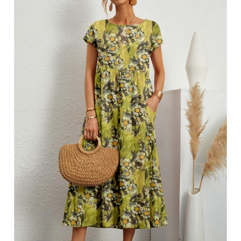YYFS Women's Fashion Summer Spring Flower Pattern Print Short Sleeve O-Neck Loose Waistlinet Casual Dresses1