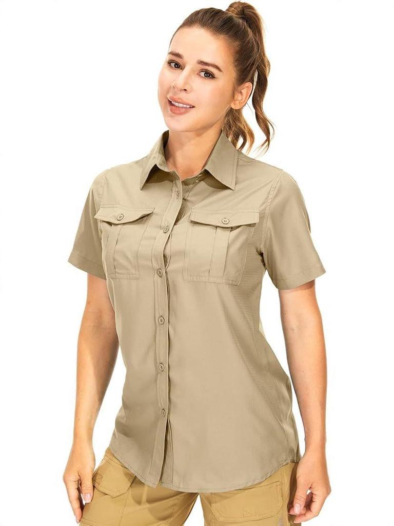 Dames 2026 Sneldrogend Kortmouwig Shirt - Effen Kleur, Borstzak met Klep, Ademend, Casual Outdoor Europees & Amerikaans Zomerstijl