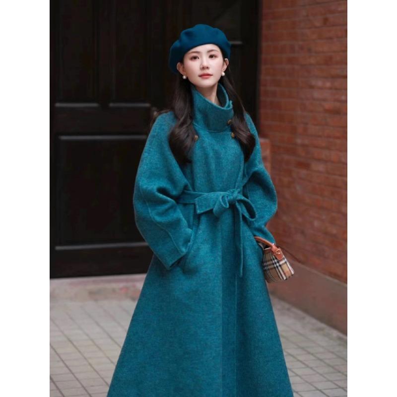 Høst og Vinter Ull Lang Kåpe Blå Temperament Kappe Dobbeltsidig Ullkåpe Retro