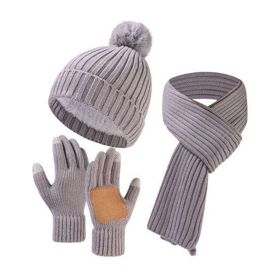 3Pcs/Set Winter Hat Scarf Gloves Set Solid Color Thickened Warm Plush Lining Elastic Brimless