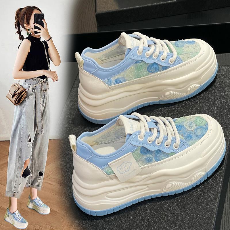 Leather little white shoes women's new single-mesh breathable thick-soled heightening sports and leisure shoes versatile muffin board shoes