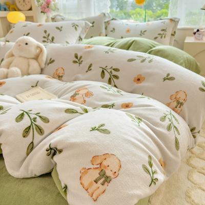 Thickened Milk Fleece Four-Piece Set, Coral Flange Double-Sided Fleece Bed Sheet Quilt Cover, Bed Hat Three-Piece Set