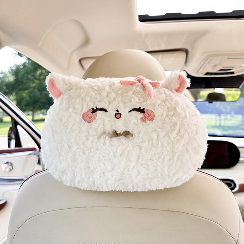 Cartoon Car Headrest Tissue Box Creative Plush Car Hanging Drawer Multifunctional Cute Car Tissue Box.