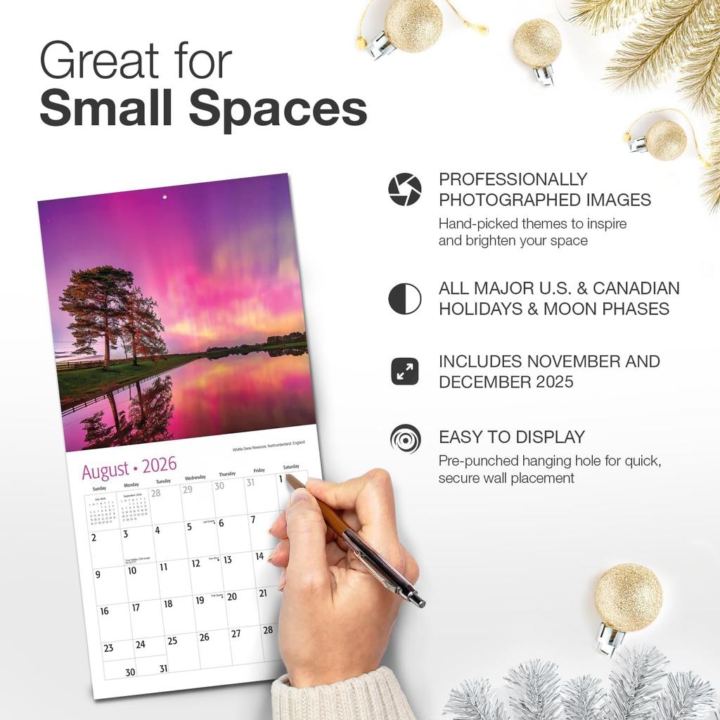 RED EMBER Aurora Borealis 2026 Mini Wall Calendar 12 Month | 7" x 14" Open | Thick & Sturdy Paper | Holiday Gift | Northern Lights Space Calendar