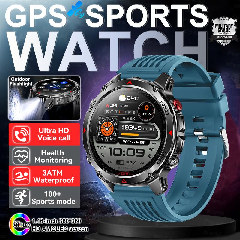 

New Military GPS Sports SmartWatch Compass Altimeter IP69K Waterproof Battery Call heart rate Fitness Bracelet Men Dual Band GPS синий