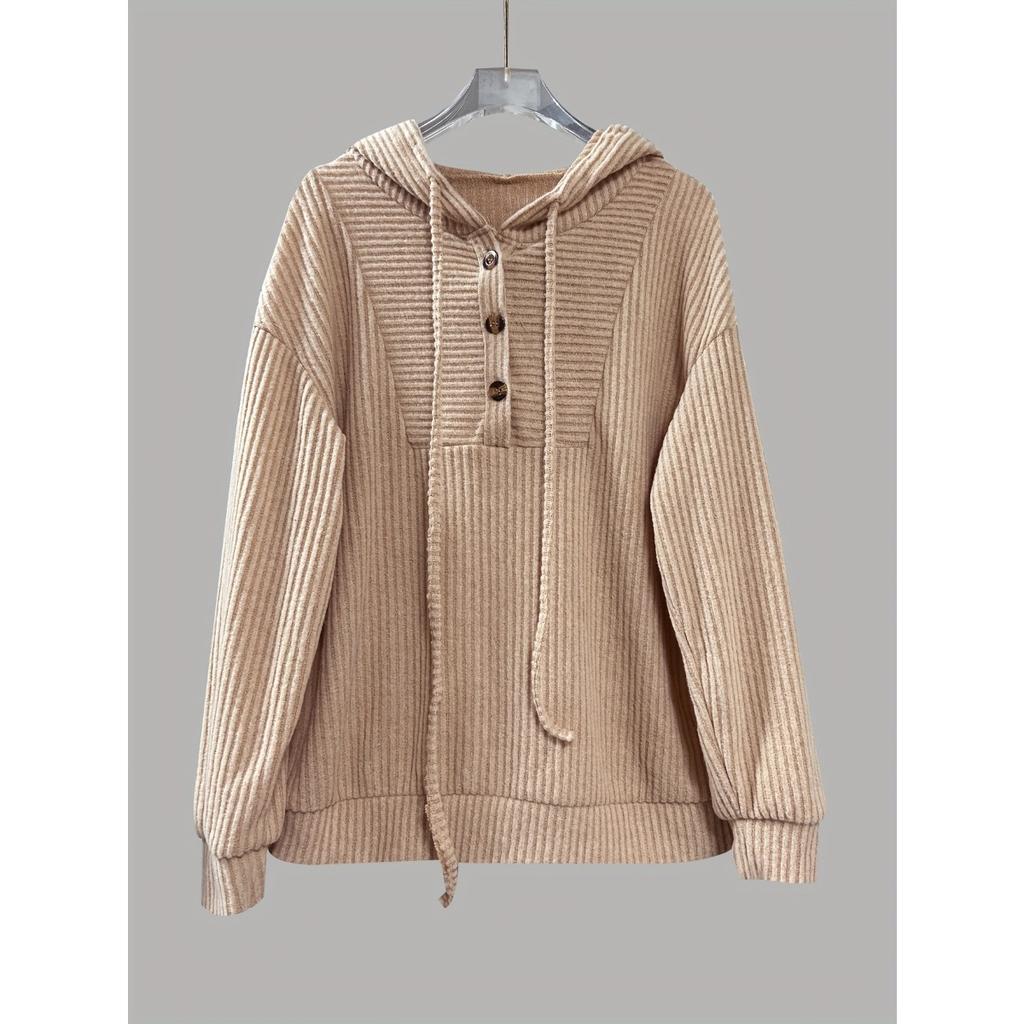 Women's Hoodie, Casual Ribbed Dropped Shoulder Long Sleeve Pullover Tops, European American Style for Crossborder