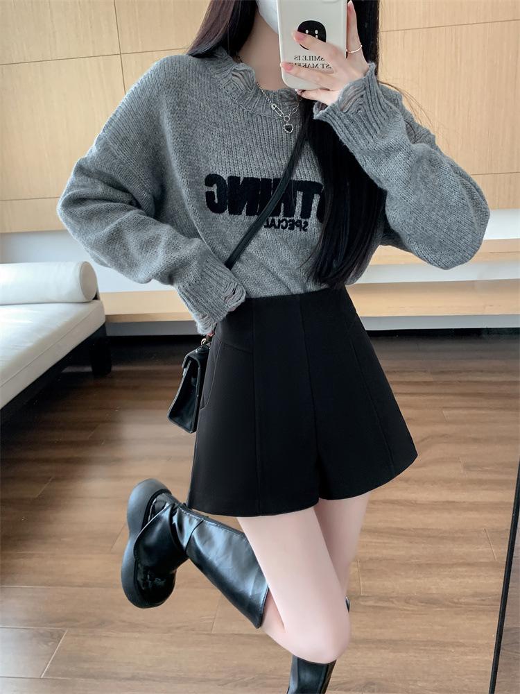 Plus Size High Waist Woolen A-Line Shorts for Women - Slimming Wide Leg & Bootcut Style for Autumn/Winter
